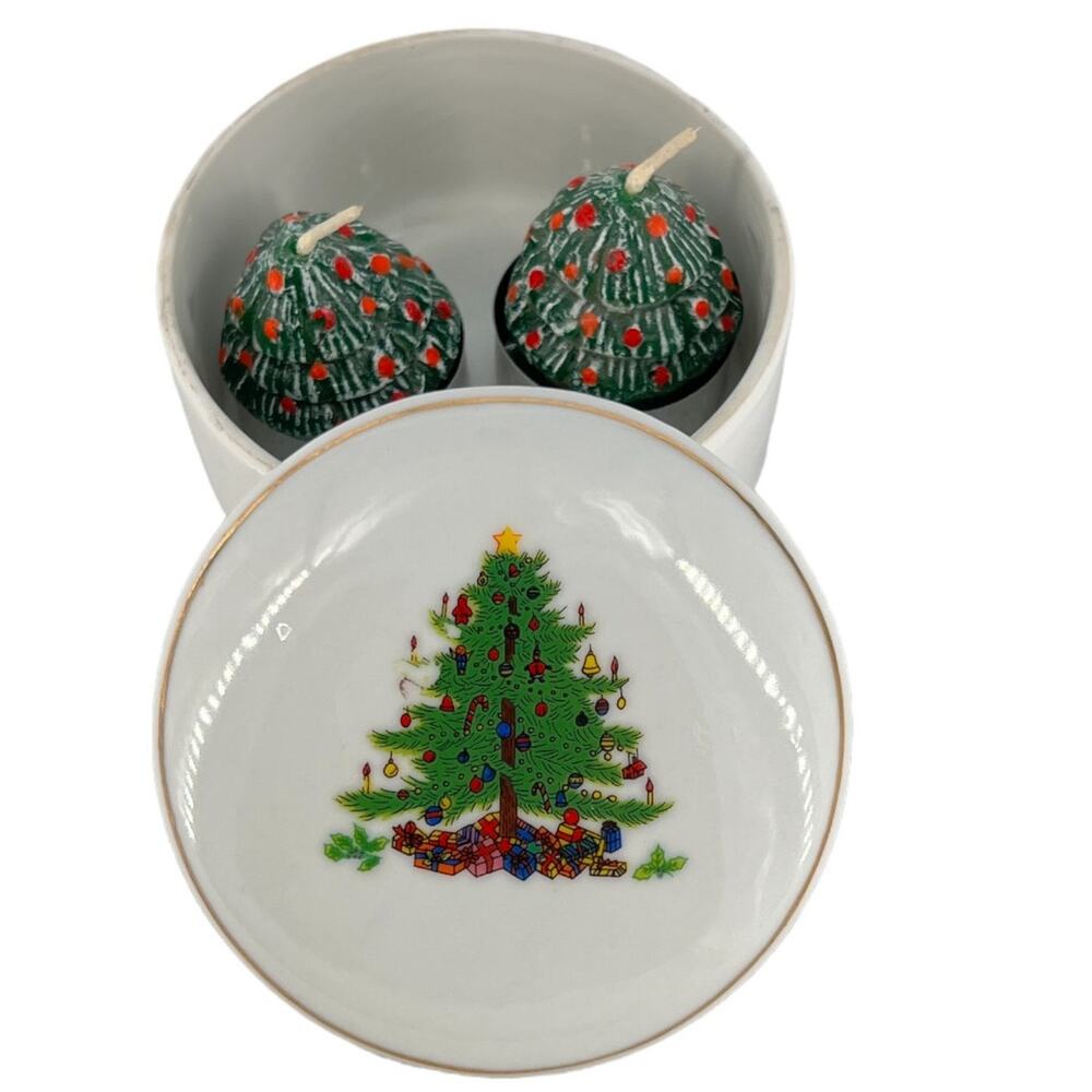 Whimsical Holiday Lidded Trinket Dish Christmas Tree & Tealight Candles